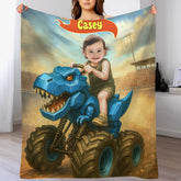 Custom Monster Truck Blanket – Personalized Dinosaur Car Throw with Photo & Name – Gift for Kids
